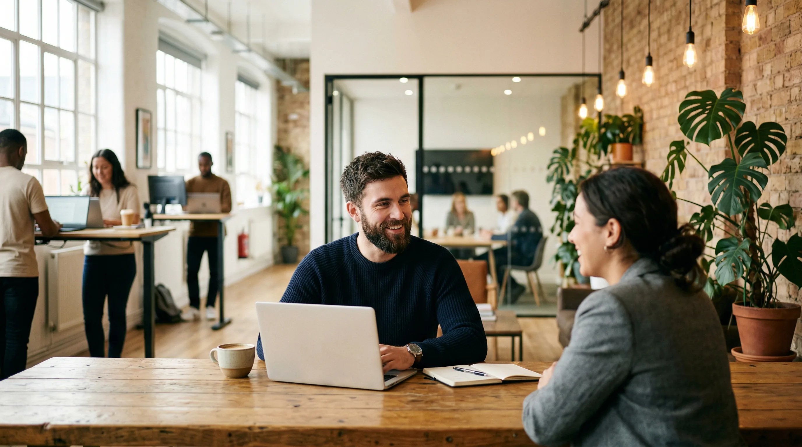 Bright coworking space with hot desks and meeting areas