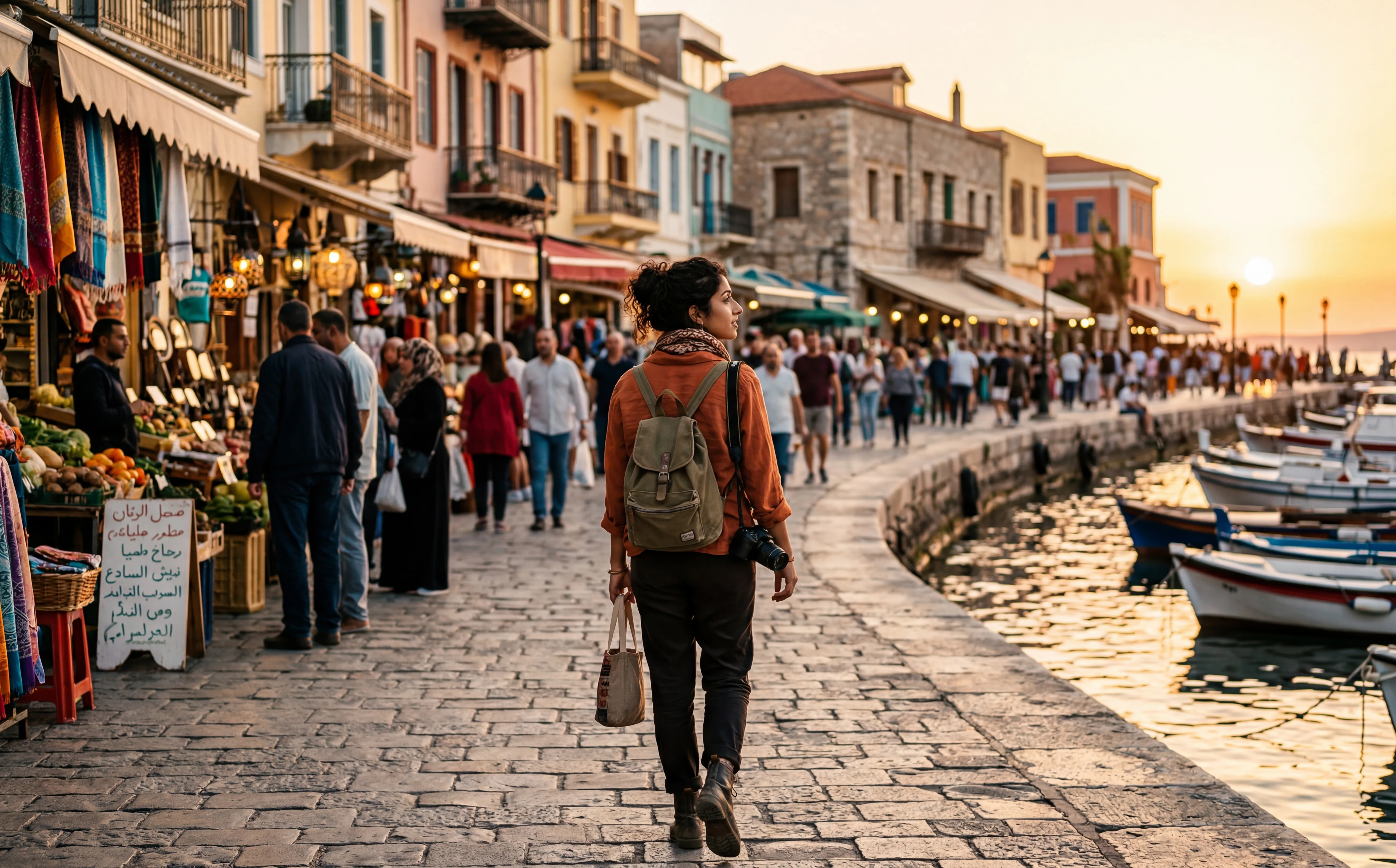 Young traveler exploring a vibrant city at golden hour